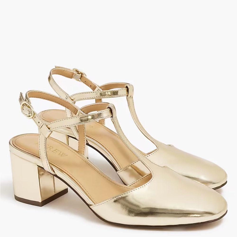 J. Crew Gold Block Heel T-Strap Shoes